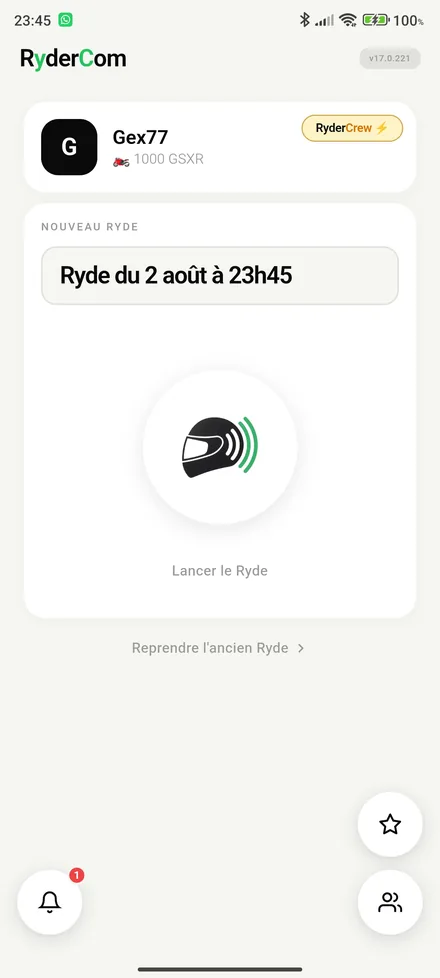 L'écran d'accueil de RyderCom : un bouton pour lancer un Ryde.